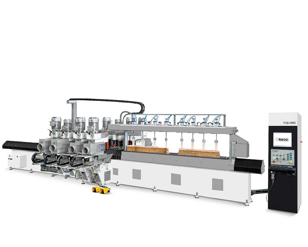 Specifiche uniche della FC CNC: Teste operatrici per l'esecuzione di tutti i profili con massima velocità e precisione grazie alle ottimizzazioni del CAM personalizzato Bacci e il sistema di aspirazione integrato.